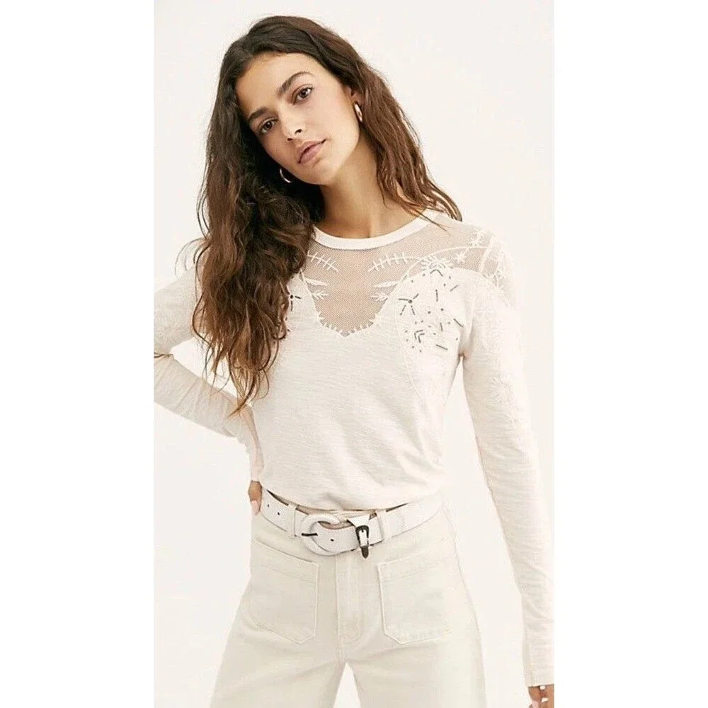 Free people Micha Embellished Mesh Beaded Long Sleeve Tee Blouse Top S 287514